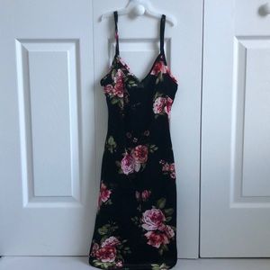 Black dress with pink flowers.